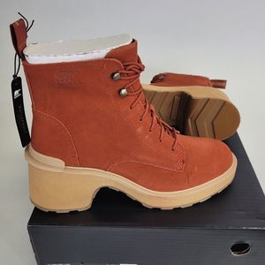 Sorel Women's Hi-Line Heel Lace-Up Boots (Suede) Waterproof Red Chunky Heel